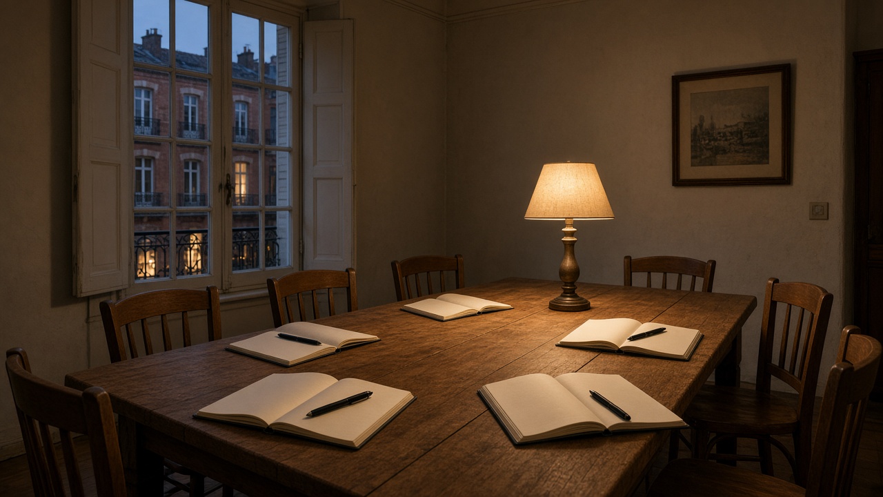 Sept chaises, carnets, aucune plateforme.